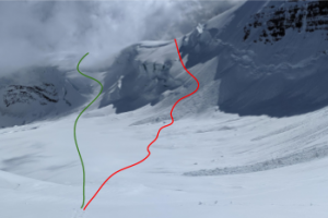 route in (red) and route out (green) note the old avalanche debris. 